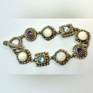 QVC Sterling Silver mother of pearl, amethyst, & blue topaz Toggle Bracelet